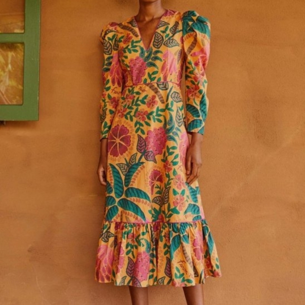 Farm Rio Flowerdoscopic Midi Dress Size Small Nwt $235 In Yellow